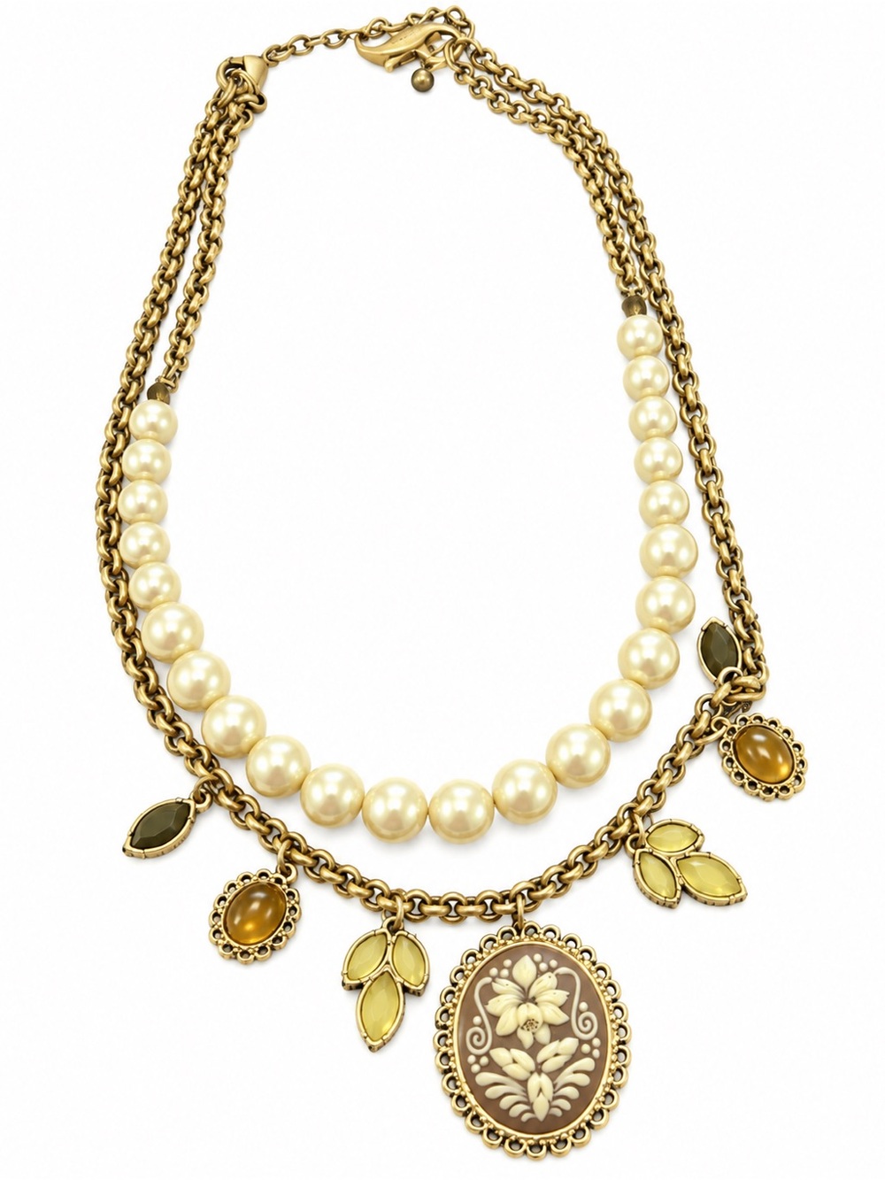 Pearl and Gold-Tone Floral Pendant Necklace - Cream and Gold